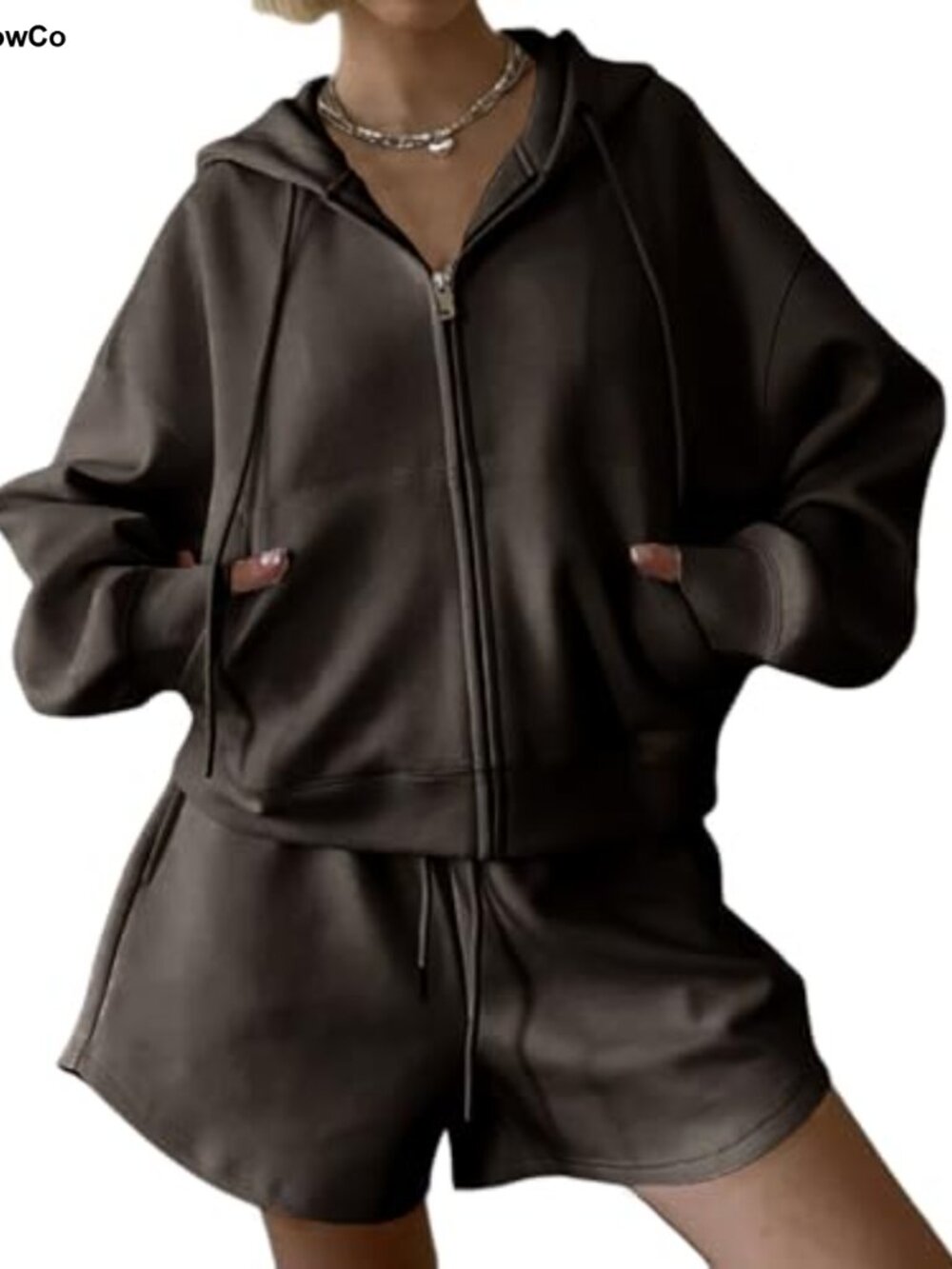 Womens 2 Piece Lounge Sweat Set Cropped Zip Up Hoodie Drawstring Shorts
